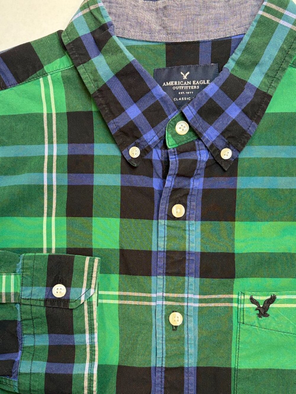 American Eagle Button Down Shirt Mens XL Classic Fit Green Plaid Cotton AEO